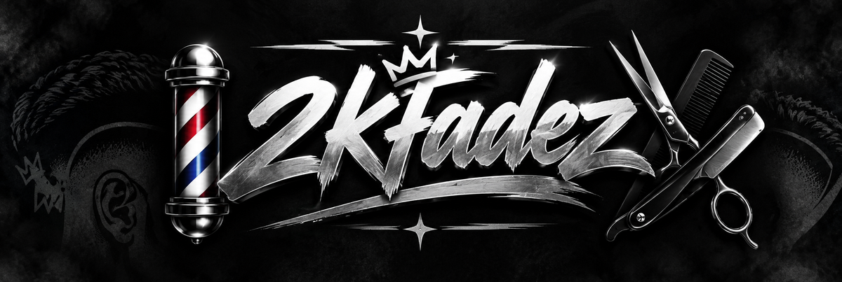 2KFadez logo: silver brush script with a crown, a barber pole, scissors, comb and razor